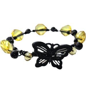 HANDCRAFTED Black & Gold Beaded Wire Wrapped Butterfly Bangle Bracelet